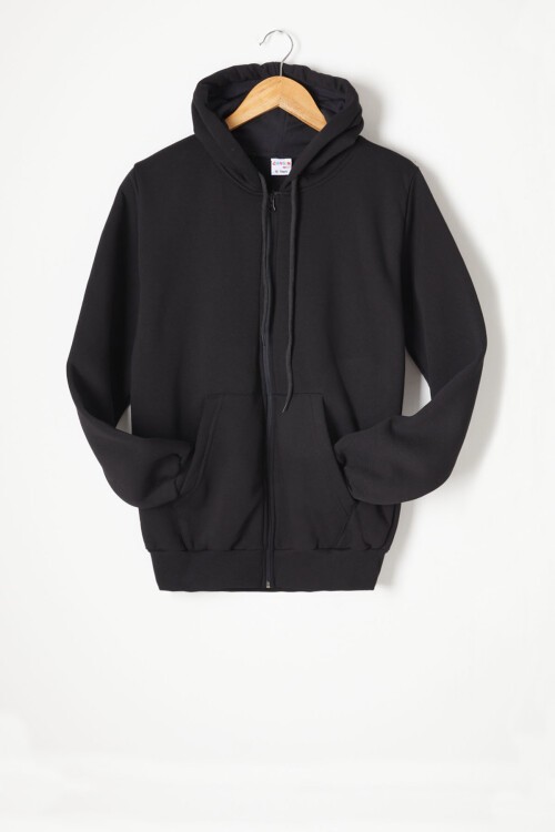 Siyah Üç İplik Şardonlu Kapüşonlu Çocuk Hırka 16764