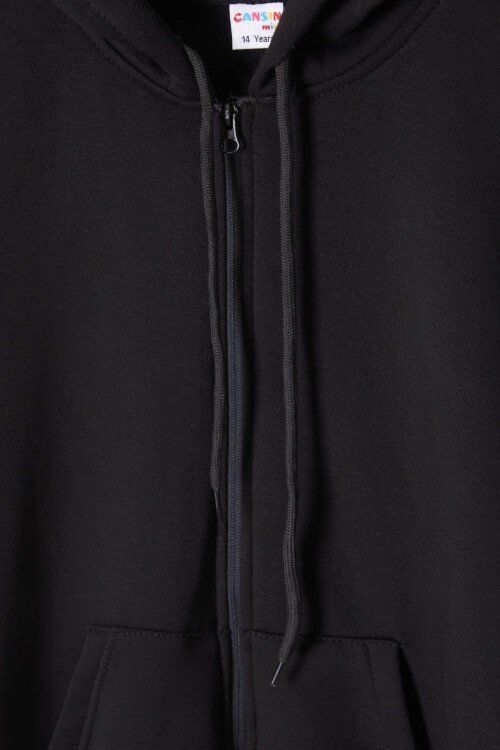 Siyah Üç İplik Şardonlu Kapüşonlu Çocuk Hırka 16764