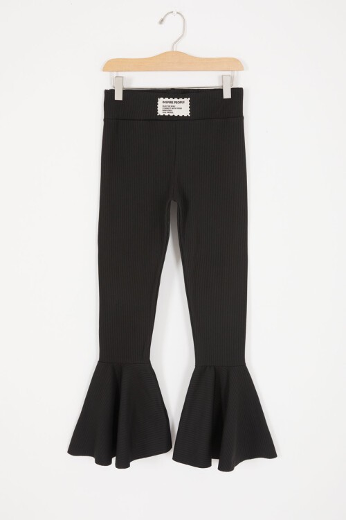 Siyah Volanlı Fitilli Kız Düz Tayt 16870