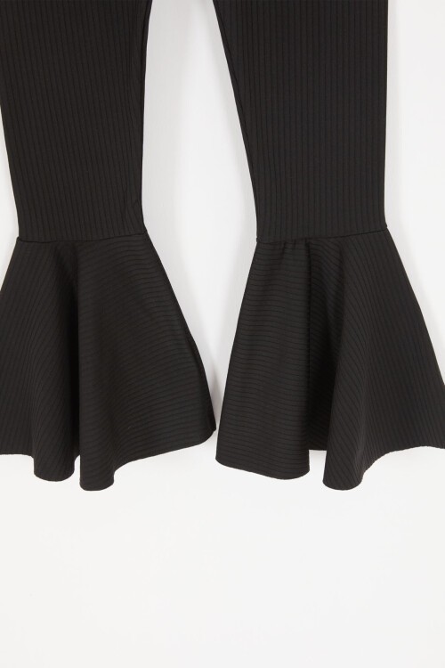 Siyah Volanlı Fitilli Kız Düz Tayt 16870