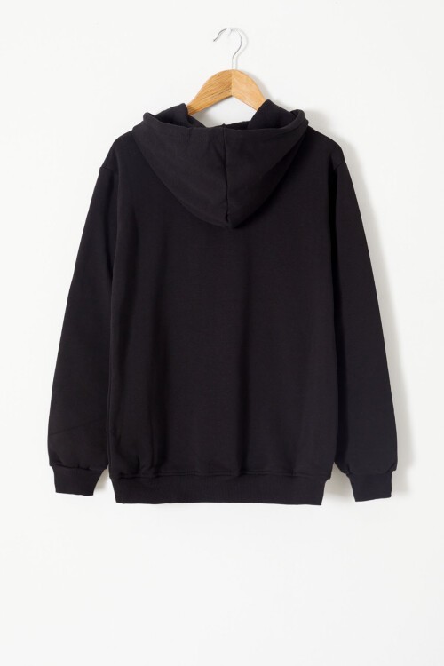 Siyah Yazı Baskılı Polarlı Erkek Çocuk Kapüşonlu Sweatshirt 16200