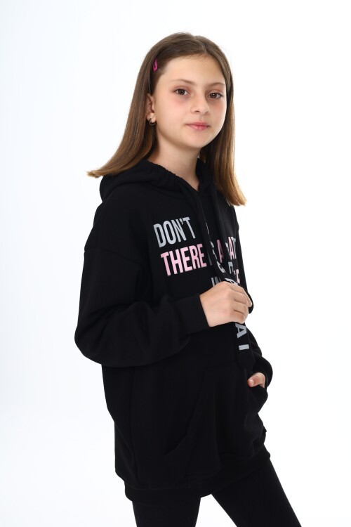 Siyah Yazı Baskılı Polarlı Kız Çocuk Kapşonlu Sweatshirt 16771