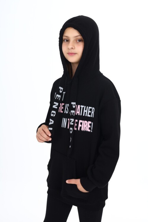 Siyah Yazı Baskılı Polarlı Kız Çocuk Kapşonlu Sweatshirt 16771