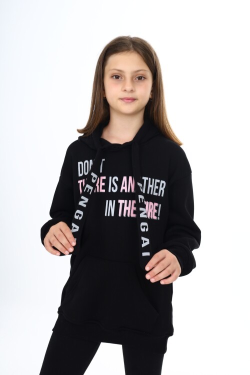 Siyah Yazı Baskılı Polarlı Kız Çocuk Kapşonlu Sweatshirt 16771