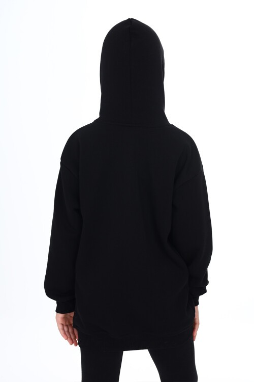 Siyah Yazı Baskılı Polarlı Kız Çocuk Kapşonlu Sweatshirt 16771