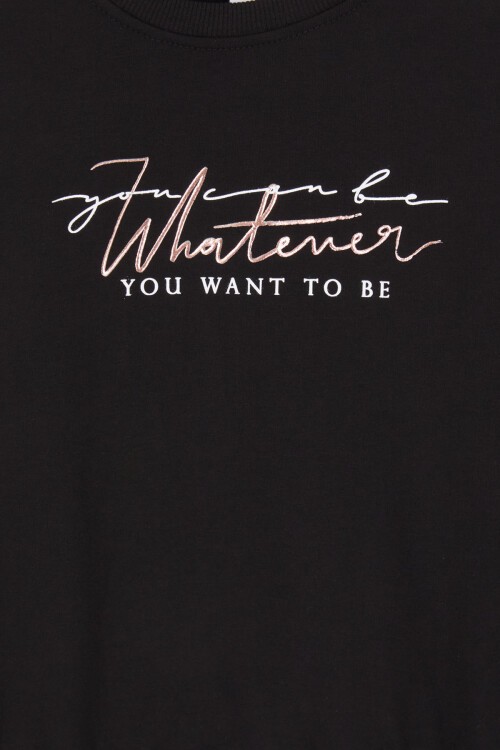 Siyah Yazı Baskılı Şardonlu Kız Çocuk Eşofman Takımı 16930