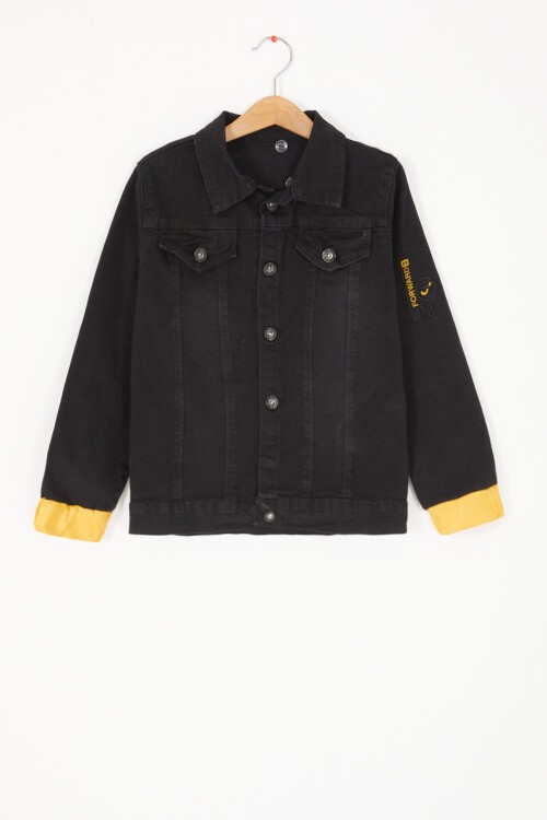 Siyah Yazı Nakışlı Kapüşonlu Erkek Çocuk Jean Ceket 16811