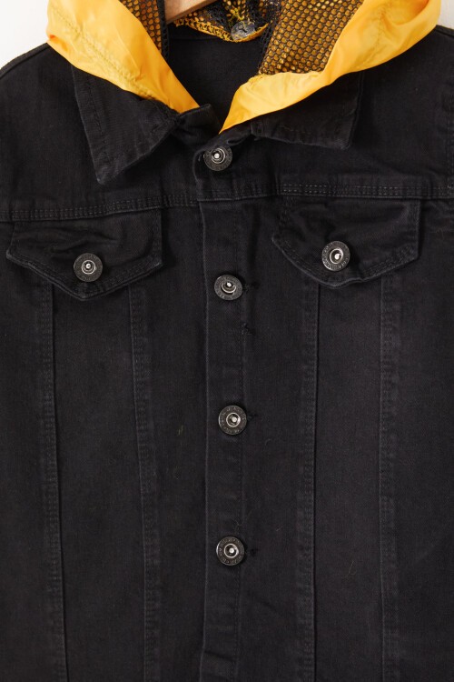 Siyah Yazı Nakışlı Kapüşonlu Erkek Çocuk Jean Ceket 16811