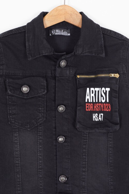 Siyah Yazılı Fermuar Cepli Erkek Çocuk Jean Ceket 17135