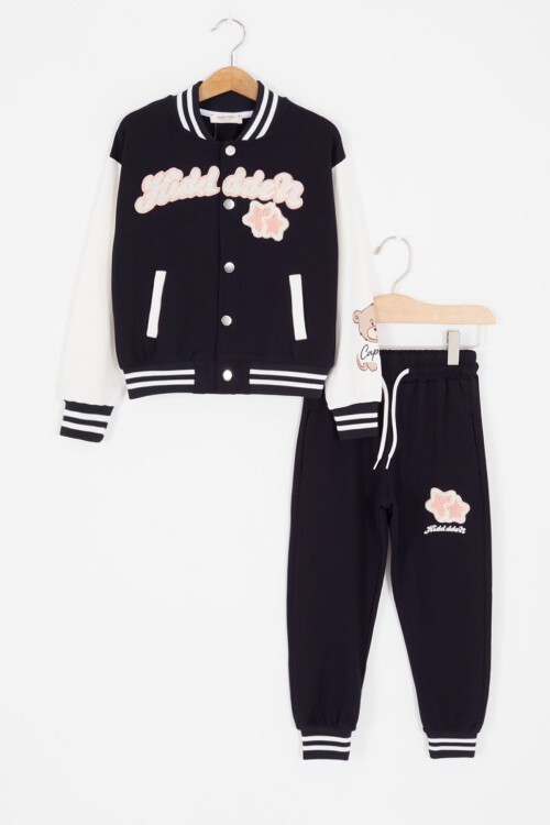 Siyah Yıldız Nakışlı Kolej Ceketli Kız Eşofman Takımı 17012