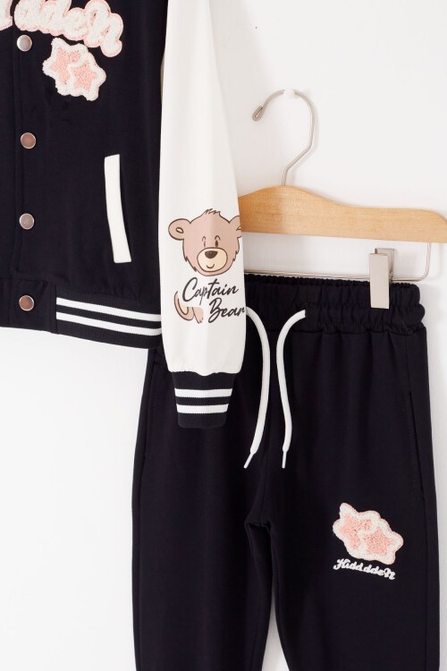 Siyah Yıldız Nakışlı Kolej Ceketli Kız Eşofman Takımı 17012