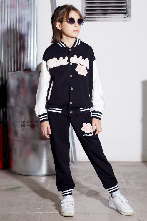 Siyah Yıldız Nakışlı Kolej Ceketli Kız Çocuk Eşofman Takımı 16941