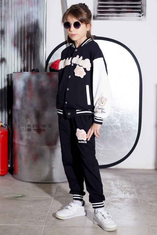 Siyah Yıldız Nakışlı Kolej Ceketli Kız Çocuk Eşofman Takımı 16941