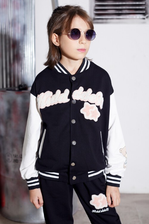 Siyah Yıldız Nakışlı Kolej Ceketli Kız Çocuk Eşofman Takımı 16941
