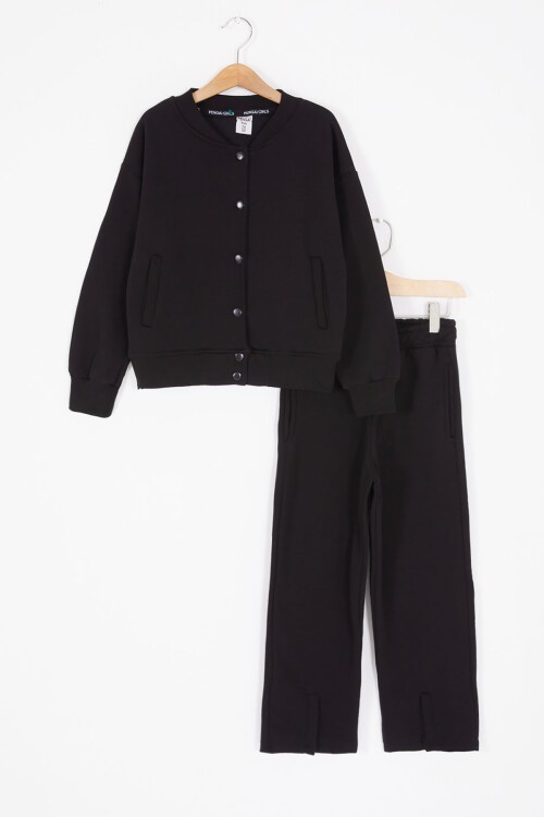 Siyah Yırtmaçlı Hırkalı Kız Çocuk Polarlı Eşofman Takımı 16457