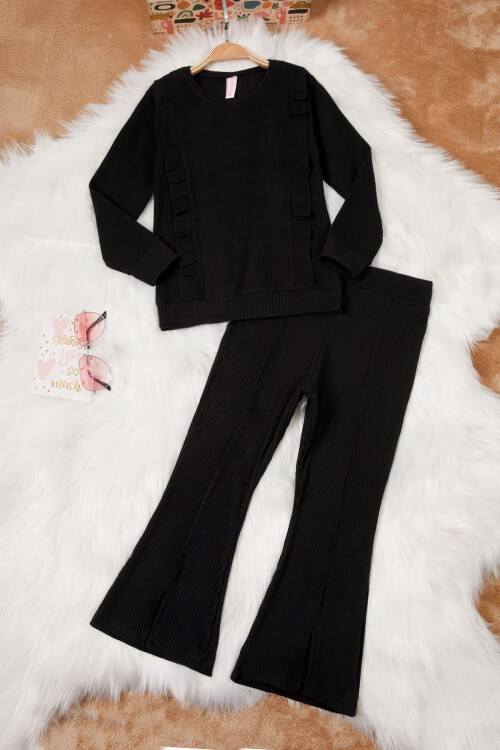 Siyah Yırtmaçlı Önü Fırfırlı Kız Çocuk Takım 17084