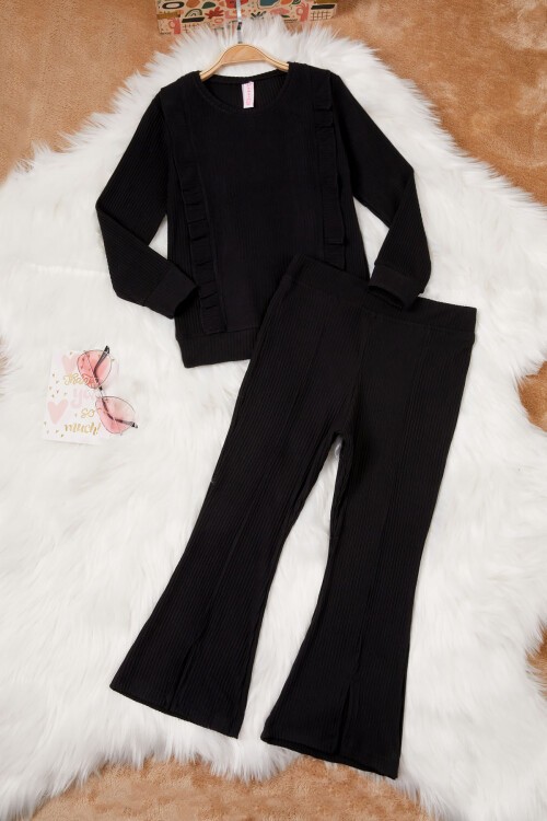 Siyah Yırtmaçlı Önü Fırfırlı Kız Çocuk Takım 17084