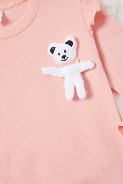 Somon Ayıcıklı Kolları Volanlı Kız Çocuk Şardonlu Sweatshirt 16980