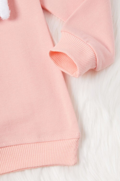 Somon Ayıcıklı Kolları Volanlı Kız Çocuk Şardonlu Sweatshirt 16980