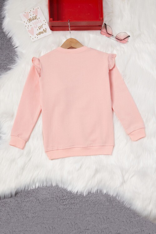 Somon Ayıcıklı Kolları Volanlı Kız Çocuk Şardonlu Sweatshirt 16980