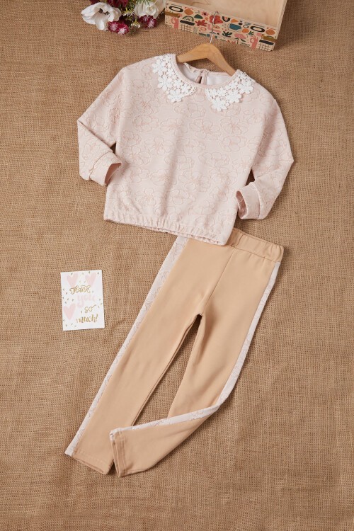 Somon Çiçek Desenli Dantel Yakalı Kız Takım 16635