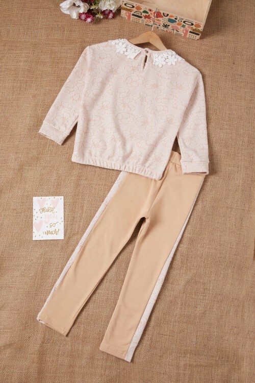 Somon Çiçek Desenli Dantel Yakalı Kız Takım 16635