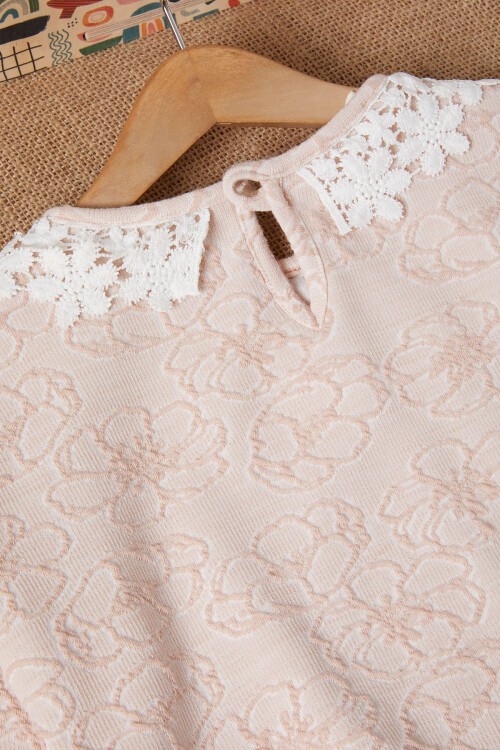 Somon Çiçek Desenli Dantel Yakalı Kız Takım 16635