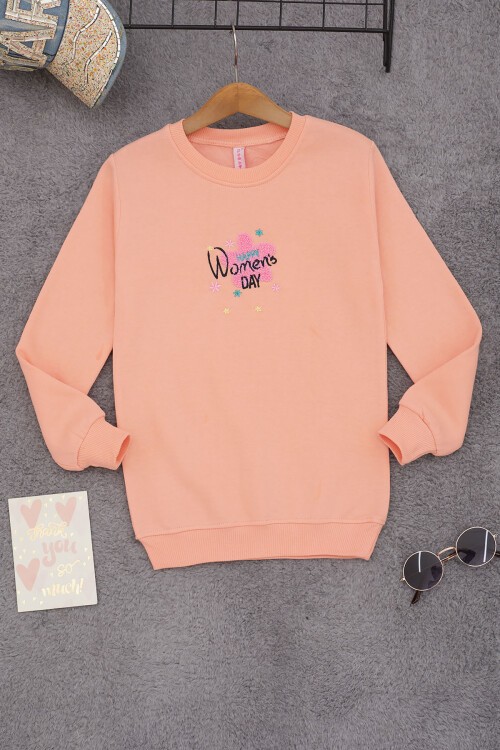 Somon Çiçek Nakışlı Kız Çocuk Kız Çocuk Sweatshirt 17195