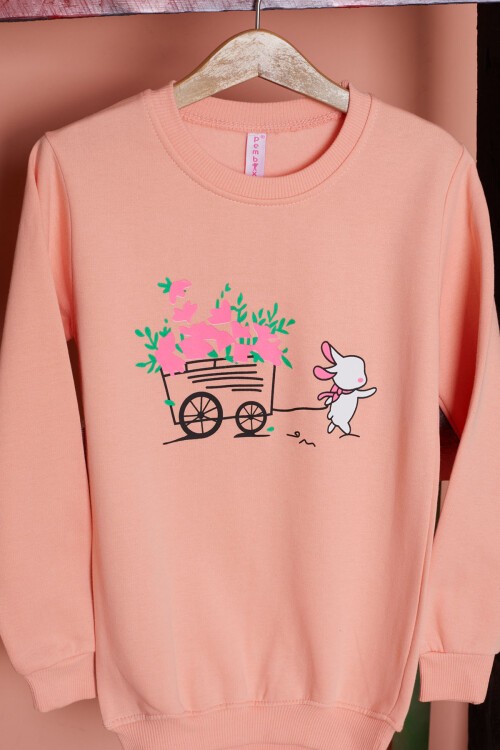 Somon Çiçekli Tavşan Baskılı Kız Çocuk Sweatshirt 17278