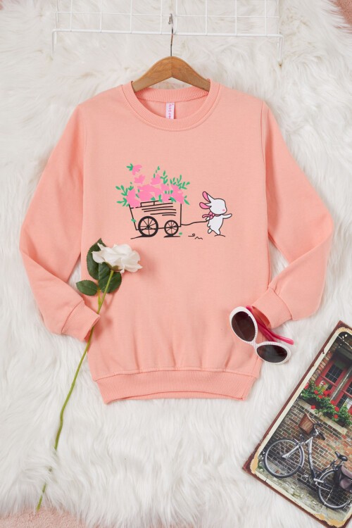Somon Çiçekli Tavşan Baskılı Kız Çocuk Sweatshirt 17278