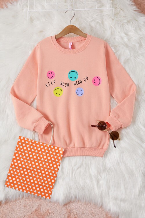 Somon Gülen Yüz Baskılı Kız Çocuk Bisiklet Yaka Sweatshirt 17285