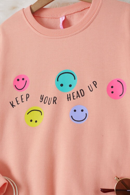 Somon Gülen Yüz Baskılı Kız Çocuk Bisiklet Yaka Sweatshirt 17285