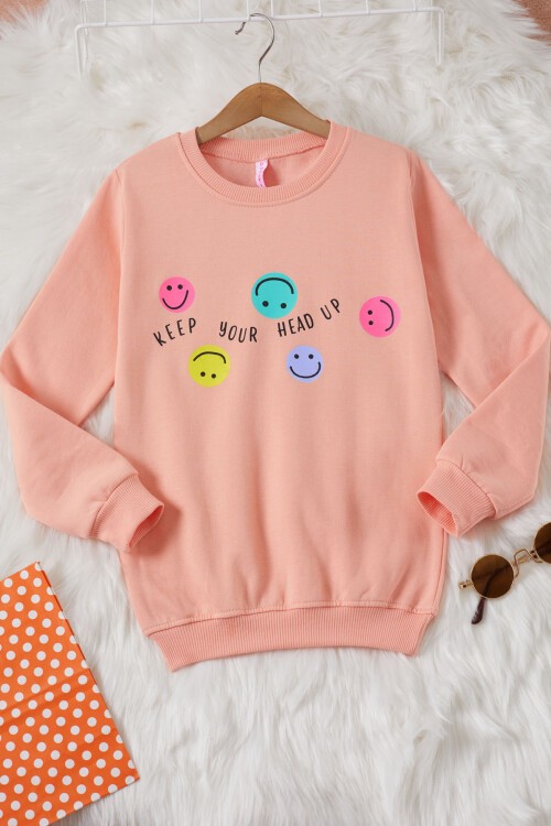 Somon Gülen Yüz Baskılı Kız Çocuk Bisiklet Yaka Sweatshirt 17285