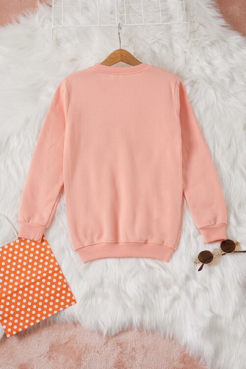 Somon Gülen Yüz Baskılı Kız Çocuk Bisiklet Yaka Sweatshirt 17285