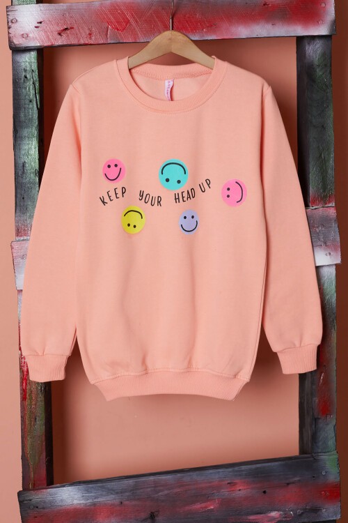 Somon Gülen Yüz Baskılı Kız Çocuk Bisiklet Yaka Sweatshirt 17285