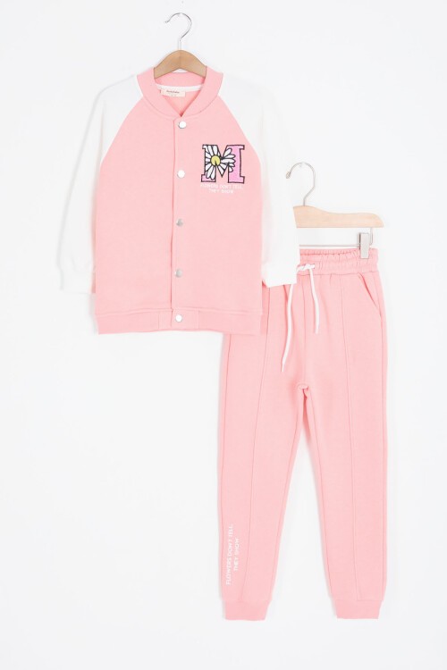 Somon Harf Nakışlı Kolej Ceketli Kız Çocuk Şardonlu Eşofman Takımı 16826