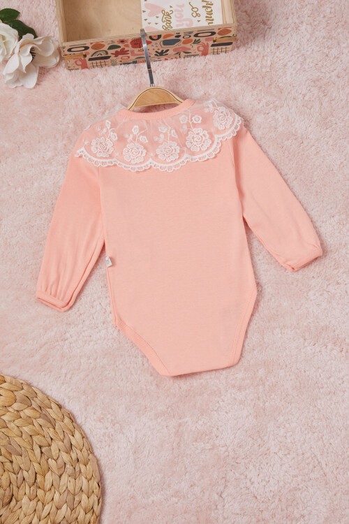 Somon Kız Bebek Dantel Yakalı Uzun Kol Çıtçıtlı Badi 16840