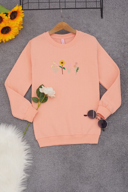 Somon Papatya Nakışlı Kız Çocuk Kız Çocuk Sweatshirt 17202