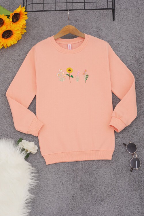 Somon Papatya Nakışlı Kız Çocuk Kız Çocuk Sweatshirt 17202