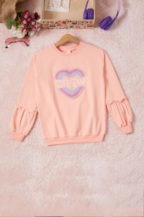 Somon Renkli Kalp Desenli Payetli Kız Çocuk Sweatshirt 16694