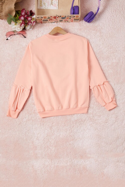 Somon Renkli Kalp Desenli Payetli Kız Çocuk Sweatshirt 16694