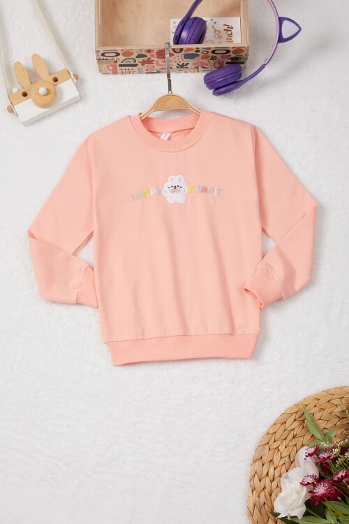 Somon Tavşan Nakışlı Yazılı Kız Çocuk Sweatshirt 16945