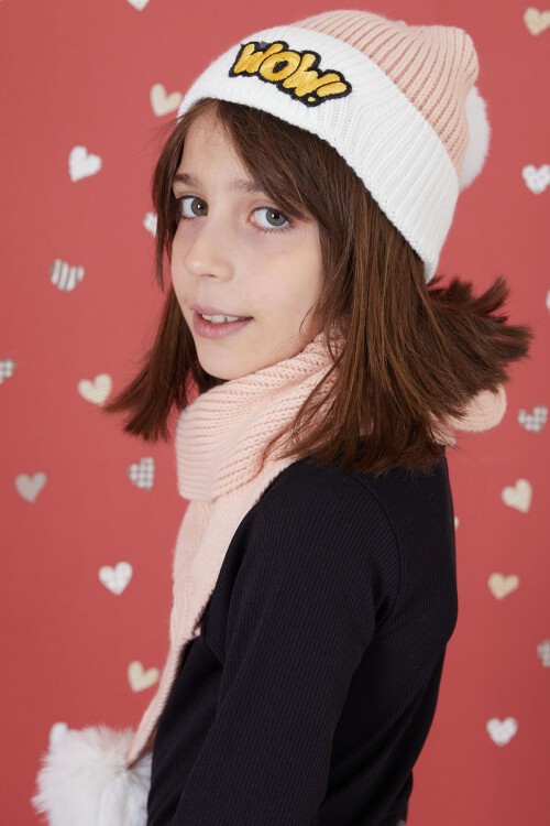 Somon WOW Yazılı Ponponlu Kız Çocuk Atkı Bere Seti 17298