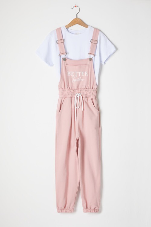 Somon Yazı Baskılı Tişörtlü Kız Salopet Tulum 16715