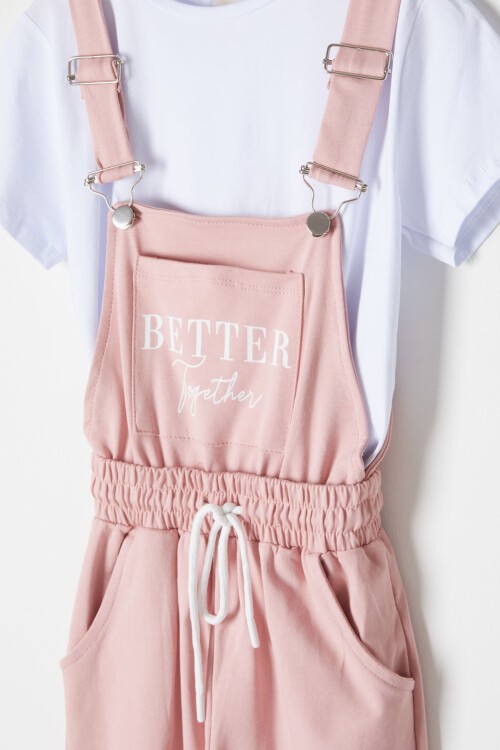 Somon Yazı Baskılı Tişörtlü Kız Salopet Tulum 16715