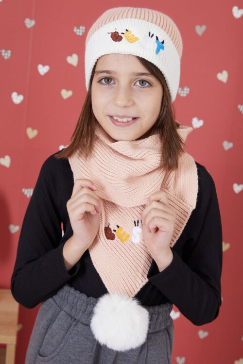 Somon Yazı Nakışlı Ponponlu Kız Çocuk Atkı Bere Seti 17292