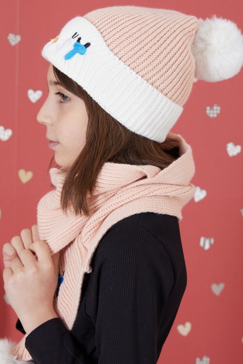 Somon Yazı Nakışlı Ponponlu Kız Çocuk Atkı Bere Seti 17292