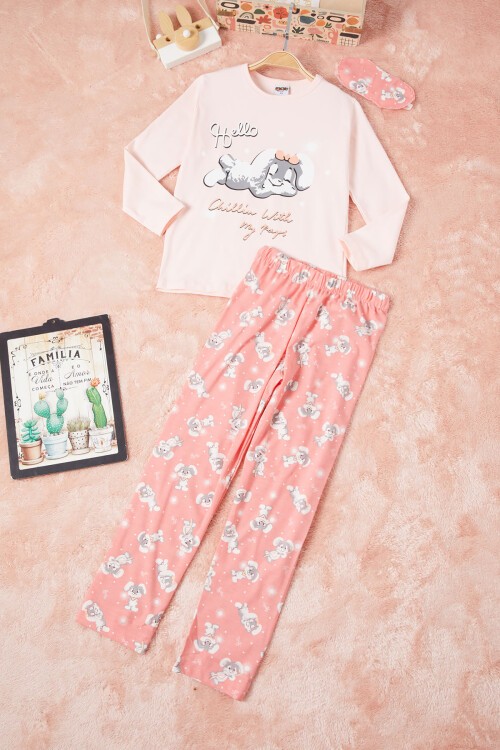 Tavşan Baskılı Yazılı Kız Çocuk Pijama Takımı 16338
