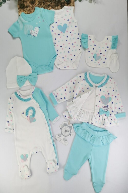 Turkuaz Kalp Desenli 8li Bebek Hastane Çıkışı Seti 16922