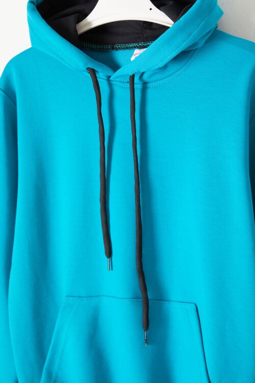 Turkuaz Kanguru Cepli Kapüşonlu Unisex Çocuk Sweatshirt 16785